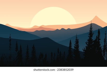 Landscape. Siberia. Mountains, forest, sunset on the background of the sun. Vector illustration