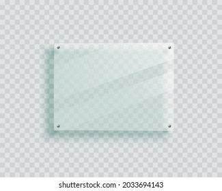 Landscape signage board on the wall. Isolated 3d plastic plate, realistic acryl  photo or poster mockup, glass display banner with shadow.

