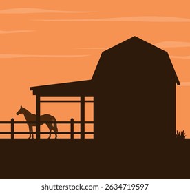 Paisagem com silhueta de celeiro, cavalo e cerca. Estável na fazenda. Agricultura.