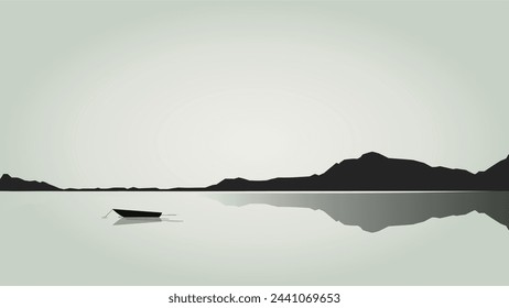 landscape silhouette with boat on mountain lake. Images produced without the use of any form of AI software.