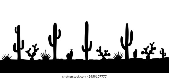 Landscape silhouette with cactus in desert. Background scene with cacti. Black vector landscape illustration.