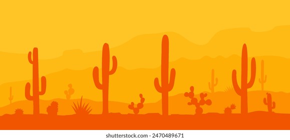 Landscape silhouette with cactus in desert. Background scene with cacti. Color vector landscape illustration. Simple background.