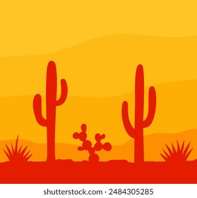 Landscape silhouette with cactus in desert. Simple cacti background.