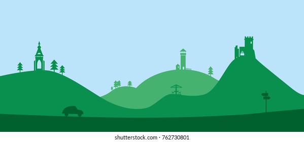 Landscape silhouette - castle ruins, chapel, lookout tower - vector graphic 