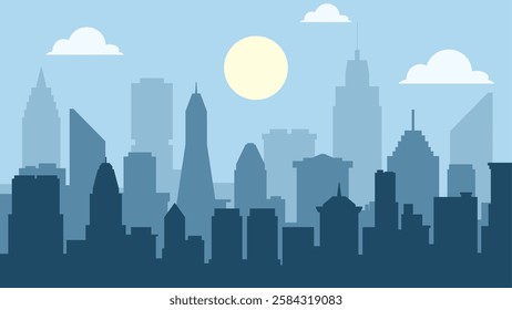 Landscape silhouette of city scenery in the morning. Panoramic cityscape with sunrise and clear sky. Vector illustration of scenic skyline building in metropolis area