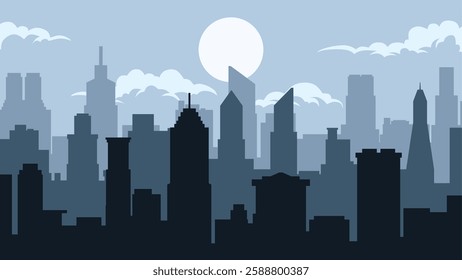Landscape silhouette of city scenery in the morning. Panoramic cityscape with sunrise and clear sky. Vector illustration of scenic skyline building in metropolis area