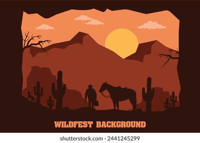 landscape silhouette of cowboy riding at horse background template simple concept vintage design