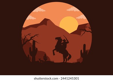 landscape silhouette of cowboy riding at horse background template simple concept vintage design