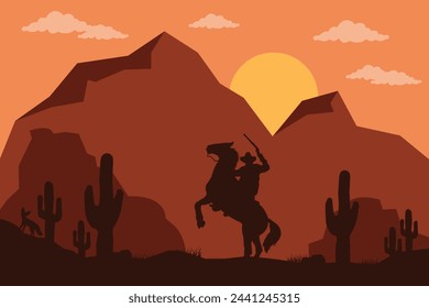 landscape silhouette of cowboy riding at horse background template simple concept vintage design