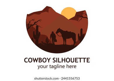 landscape silhouette of cowboy riding at horse background template simple concept vintage design