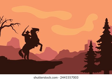 landscape silhouette of cowboy riding at horse background template simple concept vintage design