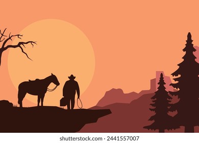 landscape silhouette of cowboy riding at horse background template simple concept vintage design