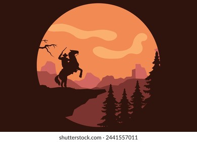 landscape silhouette of cowboy riding at horse background template simple concept vintage design
