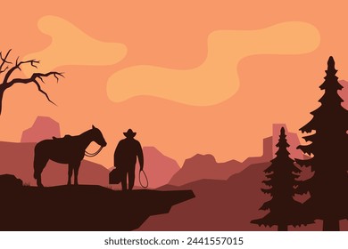 landscape silhouette of cowboy riding at horse background template simple concept vintage design