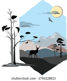 Landscape with a silhouette of a deer against a background of blue sky, mountains, hills, sun and pines in original frame. Vector drawing for design.