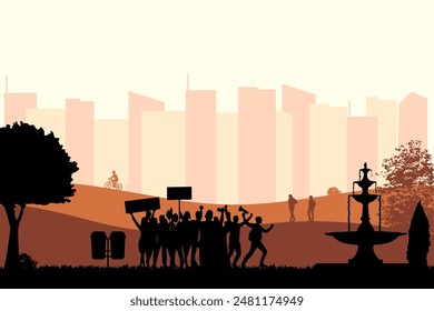 Landscape silhouette of demonstration with urban scenery. Vector illustration design template