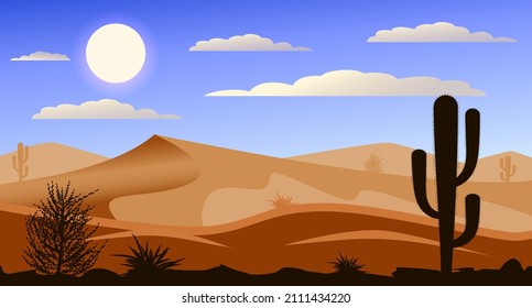 Landscape silhouette in the desert. Pattern background with wild cactus.