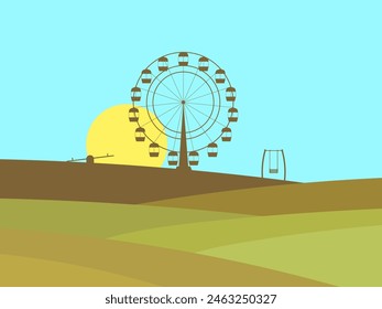 Paisaje con la silueta de una noria y un columpio en la distancia. Paisaje montañoso en un estilo minimalista. Diseño para cubiertas, Fondos de pantalla y Anuncios. Ilustración vectorial