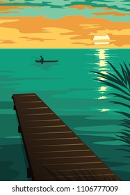 landscape with the silhouette of fishermen in a boat at sunset. vector illustration