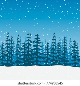 Landscape with silhouette of forest at twilight. Sky, wood, trees, firs, snowfall, sky, distant forest. Shadows. Vector illustration. For prints, posters, wallpapers, web, background, greeting card
