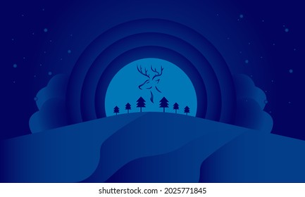 Landscape-Silhouette-Farbverlauf-Gebirge und Hirsche mit Kreismuster und Wolkenkehren-Illustration mit Aquarellfarbpalette
