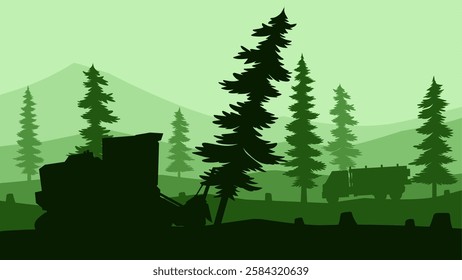 Landscape silhouette of illegal logging in a pine forest. Panoramic view of deforestation with bulldozer and forestry truck. Vector illustration of coniferous forest with illegal tree cutting activity