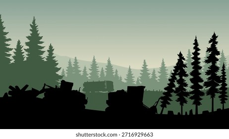 Silhueta de paisagem de exploração madeireira ilegal em uma floresta de pinheiros. Vista panorâmica do desmatamento com escavadeira e caminhão florestal. Ilustração vetorial de floresta de coníferas com atividade ilegal de corte de árvores