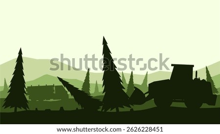 Landscape silhouette of illegal logging in a pine forest. Panoramic view of deforestation with bulldozer and forestry truck. Vector illustration of coniferous forest with illegal tree cutting activity