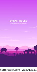 Landscape silhouette illustration of a house against a backdrop of hills. Vector illustration of a dream house. Silhouettes of fence and trees and bushes.