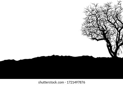 Landscape silhouette image with tree for nature background. Panorama design concept in black. Isolated on white background.