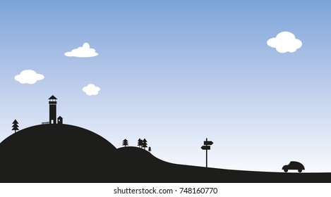 Landscape silhouette - lookout tower - vector graphic 