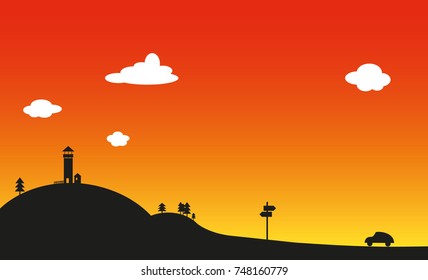 Landscape silhouette - lookout tower - vector graphic 