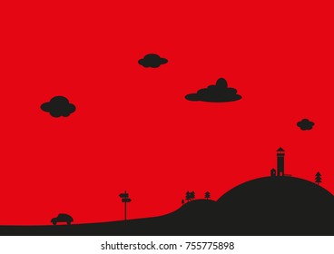 Landscape silhouette - lookout tower - vector graphic 