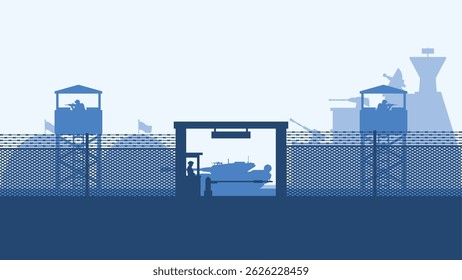 Landscape silhouette of military base scenery. Panoramic view of headquarter with military building and hangar. Vector illustration of scenic military bunker with tank and watchtower