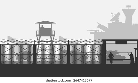 Landscape silhouette of military base scenery. Panoramic view of headquarter with military building and hangar. Vector illustration of scenic military bunker with tank and watchtower