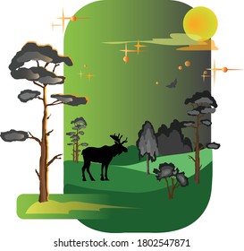 Landscape with a silhouette of a moose (elk) against a background of night sky with moon, stars and forest in original frame. Vector drawing for design.