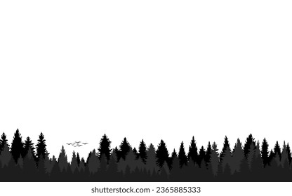 Landscape Silhouette pine forest background jungle woods sky black  white horizontal panoramic view for wallpaper, banner, cover, poster, web background