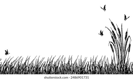 Landscape silhouette of reeds and marsh grass. Sketch of cattail landscape with butterflies.