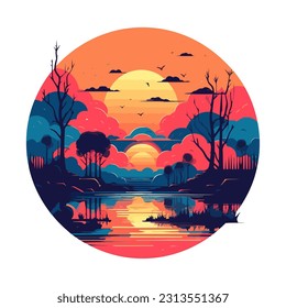 landscape silhouette trees with sunrise backdrop, isolated