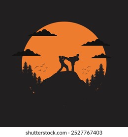 landscape silhouette of two martial artists fighting on a hill