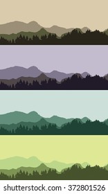 Landscape silhouette vector illustration. Mountains, trees and forests. 