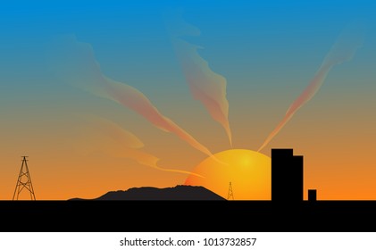 landscape silhouette vector, sunset landscape