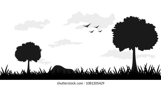 Landscape silhouette view with trees, grass, rocks, birds, clouds. Outdoor nature scenery   