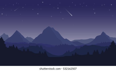 Landscape with silhouettes of blue mountains, hills, forest and beautiful night sky with stars