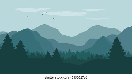 Landscape with silhouettes of blue mountains, hills and forest with flying birds on blue sky in background - vector illustration