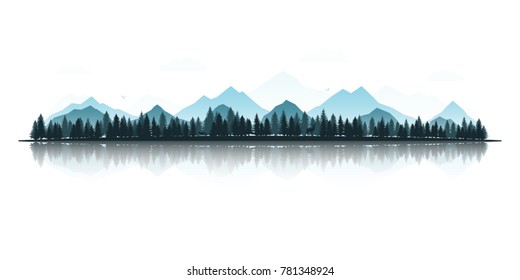 Landscape with silhouettes of deer, fox, eagles, mountains and forests. Panoramic view with reflection. Vector illustration.