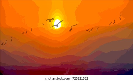 Landscape with silhouettes of misty mountains and forest at sunset time with Birds in the sky,EPS10