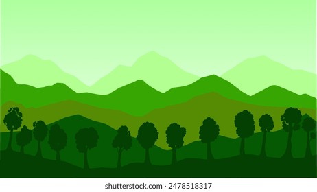 Landscape silhouettes of mountain trees and hills, with gradient color background. Vector illustration
