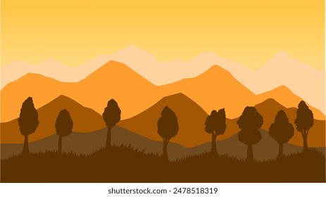 Landscape silhouettes of mountain trees and hills, with gradient color background. Vector illustration