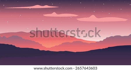 a landscape with silhouettes of mountains against the sunset. The sky is painted in warm pink and purple shades, with clouds and stars

